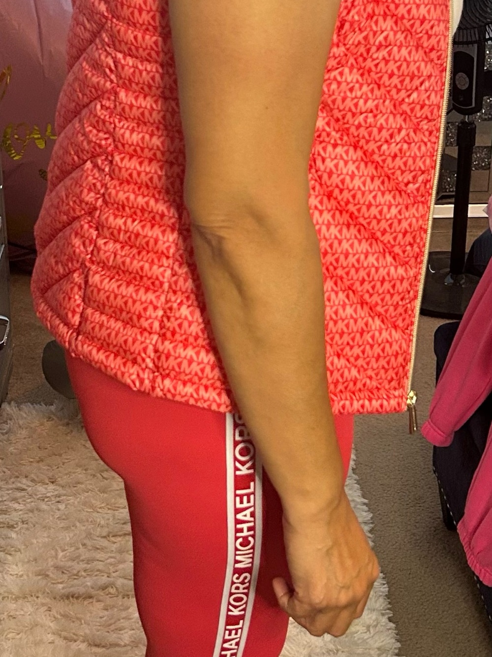 Michael Kors Sea Coral Logo Puffer Vest with Coral Logo-Trim Leggings